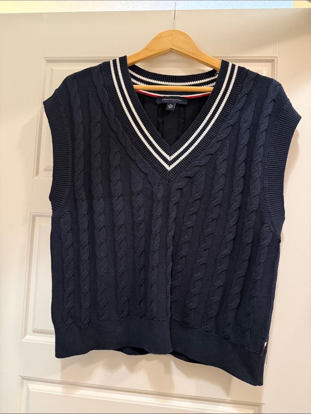 Tommy Hilfiger Navy Cable-Knit V-Neck Sweater Vest with Stripe Trim